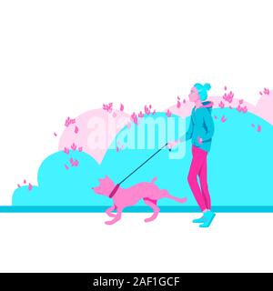 Ein junges Mädchen, Spaziergänge mit dem Hund in den Park. Zeichentrickfigur im flachen Stil Vector Illustration. Stock Vektor