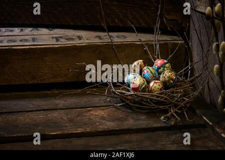 Ostereier im Zweig Nest Stockfoto