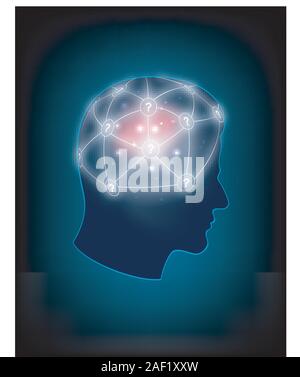 Abstrakte Gestaltung des menschlichen Kopfes und symbolische Elemente zum Thema des menschlichen Geistes, des Bewusstseins, der Phantasie, der Wissenschaft und der Kreativität Stock Vektor