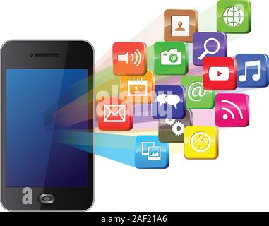 Schwarzes Smartphone mit Anwendungssymbolen auf weißem Hintergrund.Vector Stock Vektor