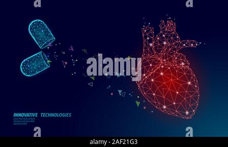 3D-Medizin Herz Medizin Behandlung. Menschliche Gesundheit Diagnose vaskulärer Organsystem Pille Vitamine. Kardiologie Herz Konzept schützen. Low-poly-Vektor Stock Vektor