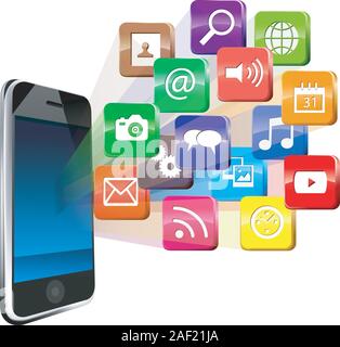 Touchscreen-Smartphone mit einer Cloud von bunten Anwendungssymbolen Stock Vektor