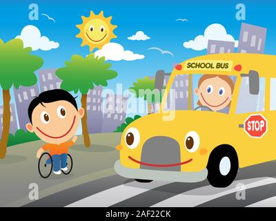 Glückliche junge im Rollstuhl wird die Schule Bus zu erwischen. Sonnigen Tag in der Stadt. Vektor Cartoon Illustration Stock Vektor