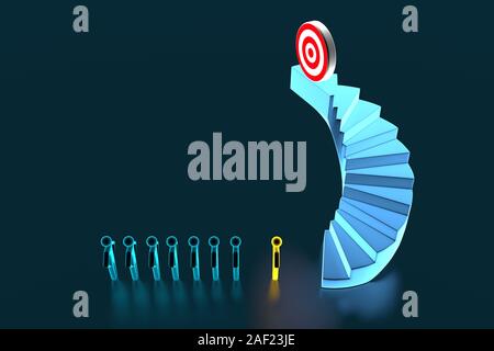 3d Team Geschäftsmann ins Ziel am oberen Ende der Treppe. Das Konzept der Start der Arbeit und das Ziel der Mannschaft. 3D-Rendering Stockfoto
