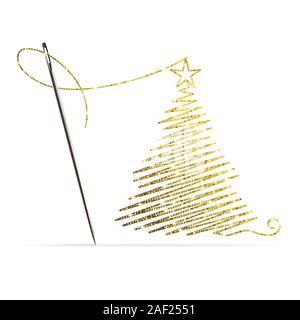 Nähnadel mit Gold thread in der Form eines Weihnachtsbaumes auf weißem Hintergrund Stock Vektor