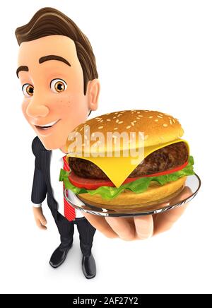 3d-Geschäftsmann Halteplatte mit Hamburger, Abbildung mit isoliert weißer Hintergrund Stockfoto