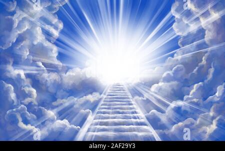 Treppe in den Himmel in Herrlichkeit, die Tore des Paradieses, die Begegnung mit Gott, dem Symbol des Christentums, Art Illustration mit Aquarellfarben gemalt. Stockfoto