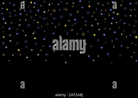Horizontal Star Hintergrund. Gold, Blue Stars, Kettenrad, glänzend Konfetti auf schwarzem Hintergrund. Sternschnuppen Wirkung. Wenig Sekt verstreut, Glitter Stockfoto