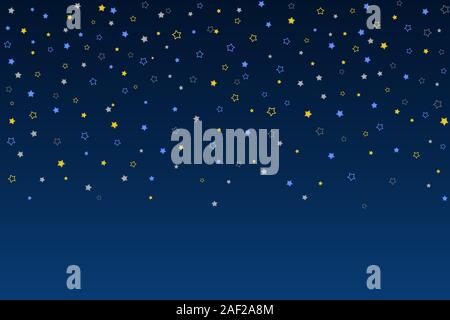 Horizontal Star Hintergrund. Gold, Blue Stars, Kettenrad, glänzend Konfetti auf blauen Gradienten Hintergrund. Sternschnuppen Wirkung. Wenig Sekt verstreut sind. Stockfoto