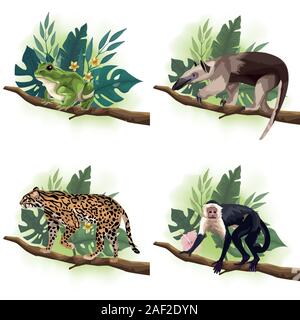 Gruppe von wilden Tieren in Ästen Szenen Stock Vektor