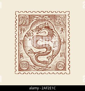 Vintage Briefmarke für das Album. Rote japanische Drachen. Retro alte Skizze. Monochrome Postkarte Aufkleber. Hand gezeichnet Retro eingravierten Markierung, Reisen label Stock Vektor