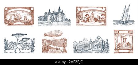 Vintage Briefmarken. Uralte Landschaften, Drachen und Segler. Retro alte Skizze. Monochrome Postkarte. Hand gezeichnet Retro eingravierten Markierung, Rahmen Stock Vektor