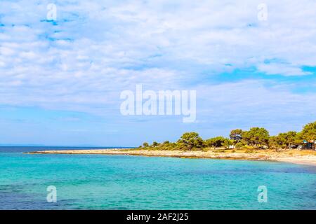 Sommer Urlaub Hintergrund Wasser der Bucht mit türkisblauem Meer und Kiefern in Insel Thasos, Griechenland Stockfoto