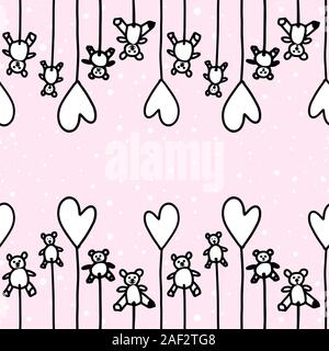 Cute kids Rosa nahtlose Muster mit Lutscher Bären und Herzen in doodle Stil. Vektor Stock Vektor