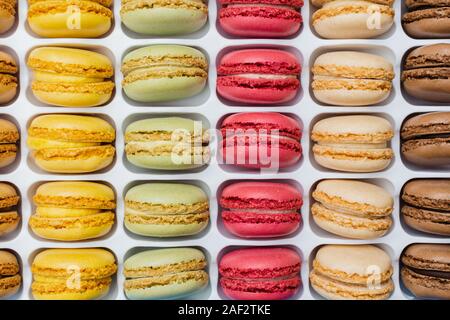 Klassische französische Dessert. Bunte macarons in hellem rosa grün gelb Creme Schokolade in einer Kiste gestapelt, selektiver Fokus Stockfoto