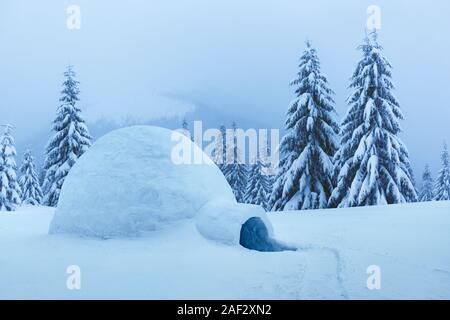 Echten schneeiglu Haus im Winter Berge. Verschneite Tannen auf dem Hintergrund. Nebligen Wald mit schneebedeckten Fichten Stockfoto