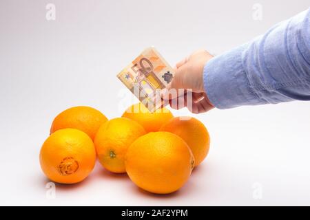 Die Kosten für die Ernte und die Kosten der Produkte in den Geschäften, die Lebensmittel und Gesundheit Business; gut Essen, das Essen der Frucht ist eine langfristige Investition in unsere Zukunft Stockfoto