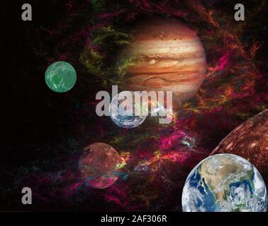 Imaginäres Bild von einem fremden Sonnensystem in einem fernen Universum. Stockfoto