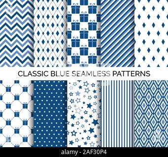 Satz von Classic blau nahtlose Muster. Vektor abstrakte Hintergründe. Chevron, Polka Dots, gestreift. Für Tapeten Design, Verpackung Papier, Stoff drucken Stock Vektor