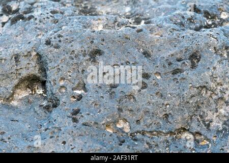 Nahaufnahme von Details auf vulkanischen schwarzen Lava Felsen an einem Strand in Mauritius, raue Textur und abstrakten organischen Hintergrund in der Natur Stockfoto