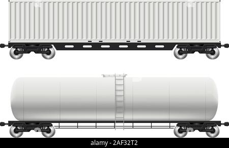 Railroad cars - Tanks und Behälter Blick von der Seite. Cargo Waggons auf weißem Hintergrund Vector Illustration. Einfache Bearbeitung und Recolor Stock Vektor