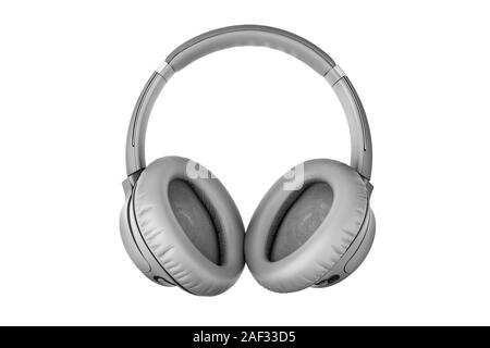 Grau kabellose Kopfhörer auf weißem Hintergrund, graue Bluetooth Headset mit Big Leather ear pad Kissen Design, Wi-fi Kopfhörer Stockfoto
