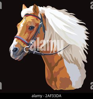 Bunte Pferd Porträt mit Zaumzeug. Pferd Kopf mit langer Mähne im Profil auf schwarzem Hintergrund isoliert. Vektor bunten Illustrationen. Retro Style port Stock Vektor