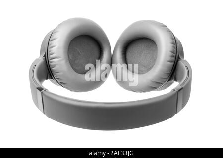 Grau kabellose Kopfhörer auf weißem Hintergrund, große, graue Bluetooth headset Design, moderne schwarze Wi-fi Stereo Ohrhörer Seitenansicht Stockfoto