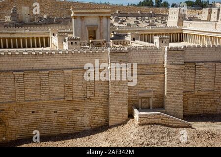 Israel, Jerusalem, Israel Museum. Modell von Jerusalem in der späten Periode des Zweiten Tempels 66 CE-Maßstab 1:50. Details des herodianischen Tempel und Tempel mo Stockfoto