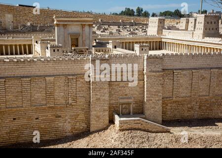 Israel, Jerusalem, Israel Museum. Modell von Jerusalem in der späten Periode des Zweiten Tempels 66 CE-Maßstab 1:50. Details des herodianischen Tempel und Tempel mo Stockfoto