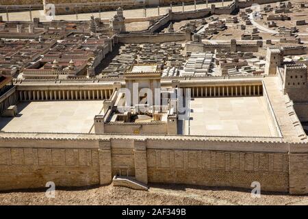 Israel, Jerusalem, Israel Museum. Modell von Jerusalem in der späten Periode des Zweiten Tempels 66 CE-Maßstab 1:50. Details des herodianischen Tempel und Tempel mo Stockfoto