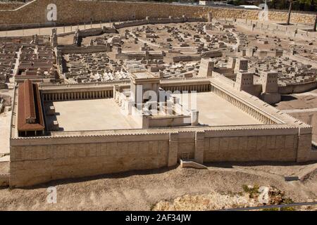 Israel, Jerusalem, Israel Museum. Modell von Jerusalem in der späten Periode des Zweiten Tempels 66 CE-Maßstab 1:50. Details des herodianischen Tempel und Tempel mo Stockfoto