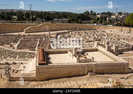 Israel, Jerusalem, Israel Museum. Modell von Jerusalem in der späten Periode des Zweiten Tempels 66 CE-Maßstab 1:50. Details des herodianischen Tempel und Tempel mo Stockfoto