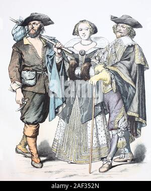 Nationale Kostüm, Kleidung, Geschichte der Kostüme, Landwirt, bürgerliche frau und Kaufmann, Frankreich, in 1650, Volkstracht, Kleidung, der Kostüme, Bauer, Bürgerfrau und Kaufherr, Frankreich, 1650 Stockfoto