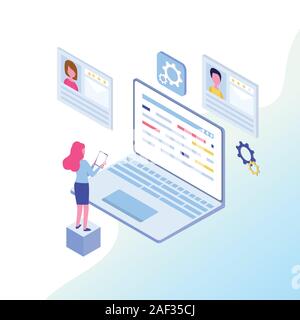 Rekrutierung. Isometrische Frau mit isometrischen Laptop Stock Vektor