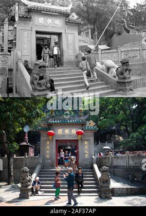 (191212) - Peking, Dez. 12, 2019 (Xinhua) - Diese Kombination Foto zeigt ein älteres Bild des A-Ma Tempel, ein Tempel zu Ehren des Chinesischen Meer - Göttin Mazu (oben, Foto von Bi Yuenian am 15 August, 1992), und die gleichen religiösen Komplex in Macao, South China am 2. April 2019 (unten, Foto Cheong Kam-Ka). Am 04.12.20, Macau wird der 20. Jahrestag der Rückkehr in die Heimat feiern. In den letzten zwei Jahrzehnten, die special administrative region hat große Fortschritte in der wirtschaftlichen Entwicklung gemacht und erreichten Wohlstand und Stabilität unter dem Grundsatz "ein Land, zwei Systeme". Seit Stockfoto