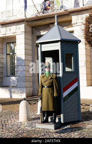 Palace Guard Wache, die Budaer Burg, die Winter in Budapest, Ungarn. Dezember 2019 Stockfoto