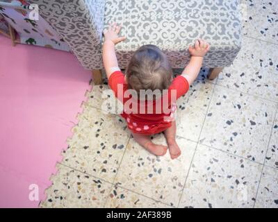 1 Jahr alte Hündin Baby in rote Kleidung kriecht auf dem Boden Stockfoto