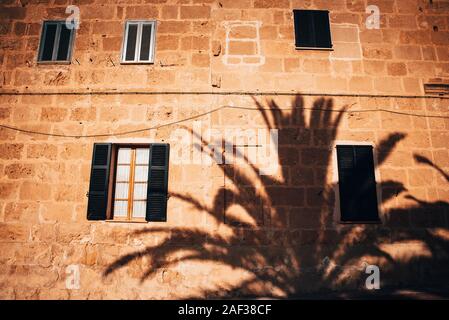 Schatten der Palme auf der Wand der Mediterranen Haus. Sommer Urlaub Foto Stockfoto