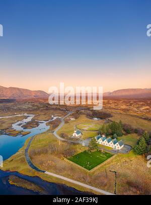 Kirche, Friedhof und Bauernhaus, Thingvellir National Park, ein UNESCO-Weltkulturerbe, Island Stockfoto