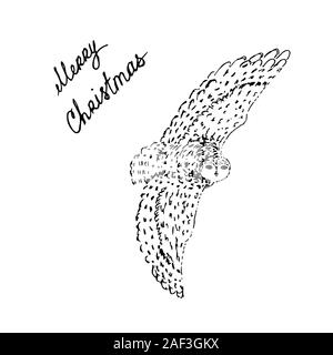Polar Arctic White Owl mit Frohe Weihnachten Briefe. Schwarzer Umriss auf weißem Hintergrund. Bild kann in Grußkarten, Poster, Flyer, Banner, Logo verwendet werden, die weitere Gestaltung etc. Vector Illustration. EPS 10. Stock Vektor