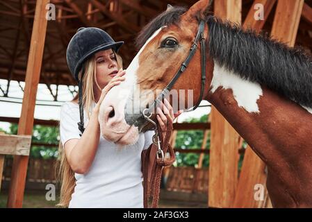 Vorbereitung der Tiere für das Reiten. Glückliche Frau mit ihrem Pferd auf der Ranch am Tag. Stockfoto