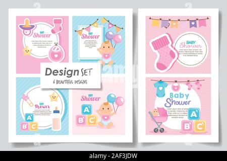 Sechs Designs von Baby-dusche für Mädchen gesetzt Stock Vektor