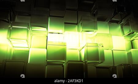 Grün leuchtende Hintergrund mit Würfel aus Kunststoff und Glas, 3D-Rendering, 3D-Darstellung. Stockfoto