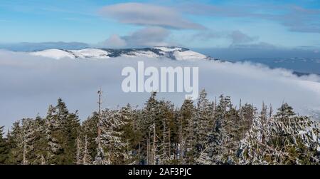 Skrzyczne, männlich und Skrzyczne Kopa Skrzyczenska von barania Gora Hügel in Beskid Slaski bergen in Polen im Winter Tag mit Nebel und blauer Himmel w Stockfoto