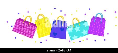 Cute Shopping Bag Banner. Bunte Tüten mit verschiedenen design Board. Geschenkpaket mit Platz für Text. Vector Illustration Stock Vektor