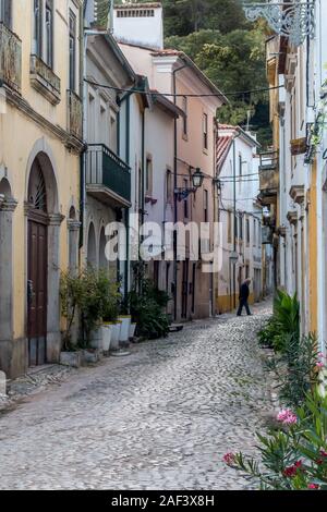 Traditionelle Kopfstein gepflasterte Gasse Straße windet sich durch Altstadt zwischen whatewashed Wand Gebäude in Tomar Portugal Stockfoto