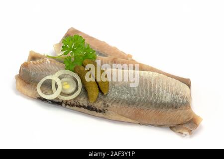 Matjes Filets, vor weißem Hintergrund Stockfoto