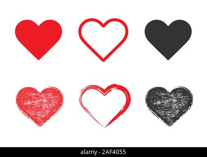 Satz von Vektor Grunge Herz-Symbolen. Handgezeichnete strukturierte Herzformen für Valentinstag-Design, Karten oder Poster. Stock Vektor