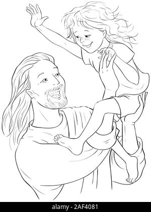 Lachen Jesus hält glückliches Kind in seine Arme cartoon christliche Färbung Seite Stockfoto